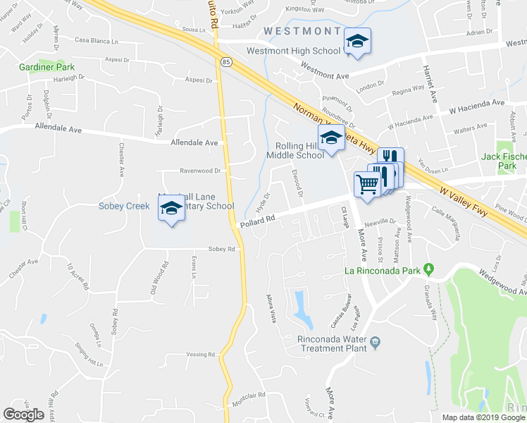 map of restaurants, bars, coffee shops, grocery stores, and more near 1694 Hyde Drive in Los Gatos