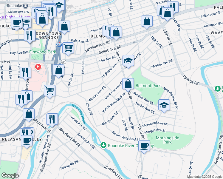 map of restaurants, bars, coffee shops, grocery stores, and more near 702 Montrose Avenue Southeast in Roanoke