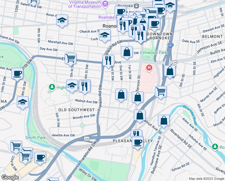 map of restaurants, bars, coffee shops, grocery stores, and more near 227 Albemarle Avenue Southwest in Roanoke