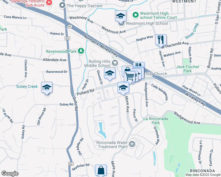 map of restaurants, bars, coffee shops, grocery stores, and more near 142 Calle Larga in Los Gatos