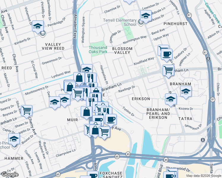 map of restaurants, bars, coffee shops, grocery stores, and more near 4636 Hampton Falls Place in San Jose