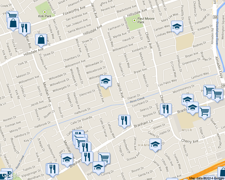 map of restaurants, bars, coffee shops, grocery stores, and more near 1477 Glacier Drive in San Jose