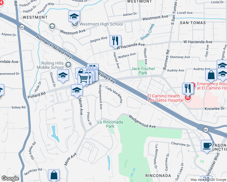 map of restaurants, bars, coffee shops, grocery stores, and more near 118 Calle Estoria in Los Gatos