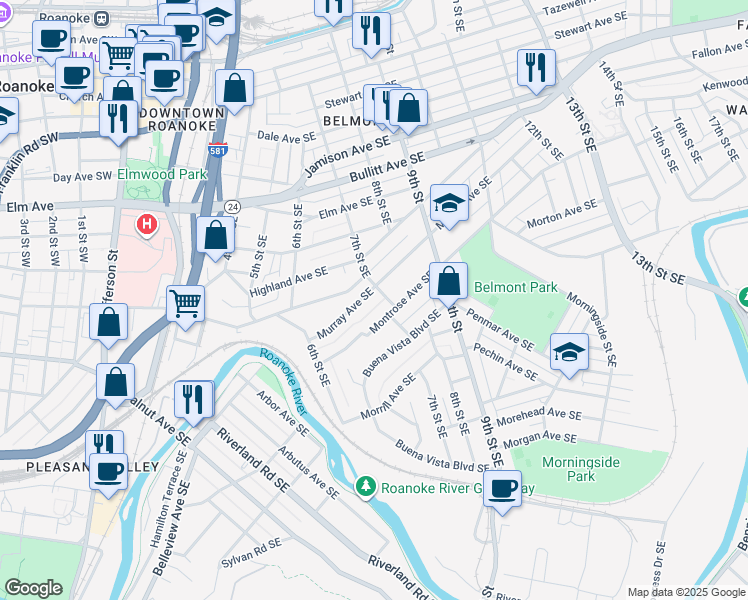 map of restaurants, bars, coffee shops, grocery stores, and more near 655 Murray Avenue Southeast in Roanoke