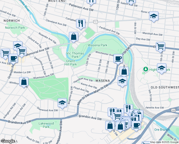 map of restaurants, bars, coffee shops, grocery stores, and more near 1127 Valley Avenue Southwest in Roanoke