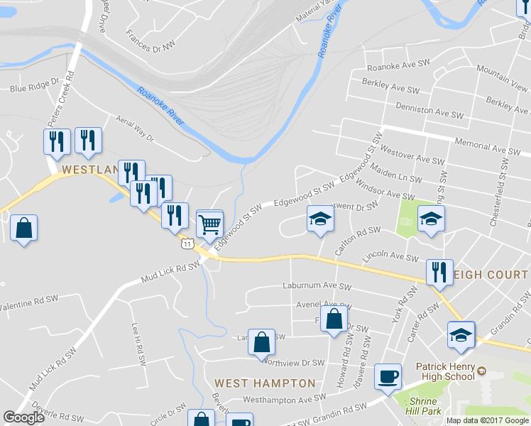 map of restaurants, bars, coffee shops, grocery stores, and more near 2753 Derwent Drive Southwest in Roanoke