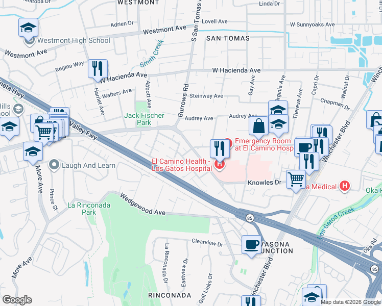 map of restaurants, bars, coffee shops, grocery stores, and more near 927 Castlewood Drive in Los Gatos