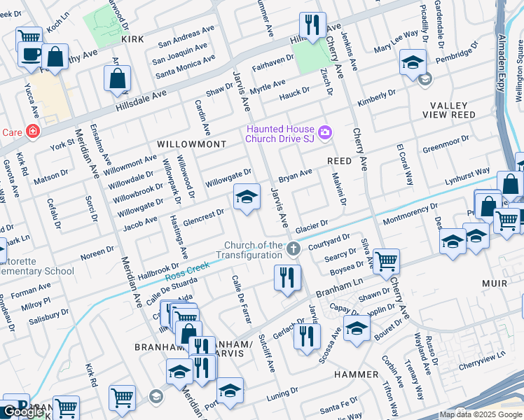 map of restaurants, bars, coffee shops, grocery stores, and more near 1477 Glacier Drive in San Jose