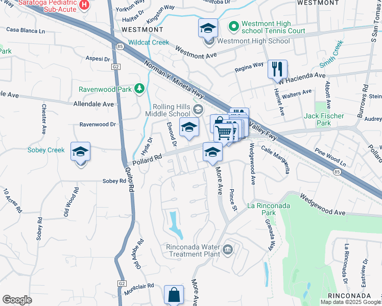 map of restaurants, bars, coffee shops, grocery stores, and more near 142 Calle Larga in Los Gatos