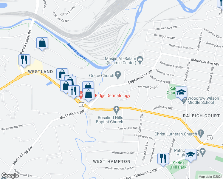 map of restaurants, bars, coffee shops, grocery stores, and more near 2802 Edgewood Street Southwest in Roanoke