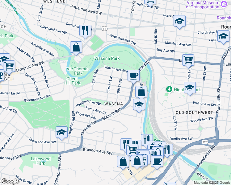 map of restaurants, bars, coffee shops, grocery stores, and more near 1005 Howbert Avenue Southwest in Roanoke
