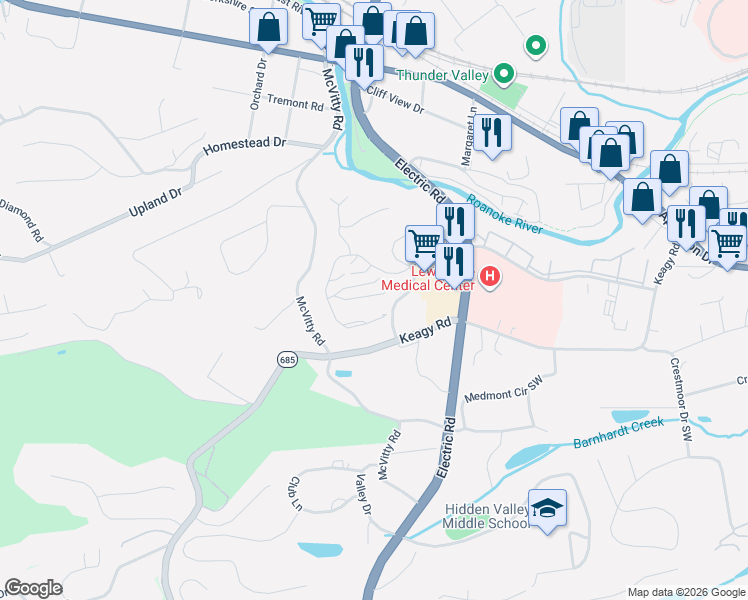 map of restaurants, bars, coffee shops, grocery stores, and more near 2542-2598 South Clearing Road in Salem