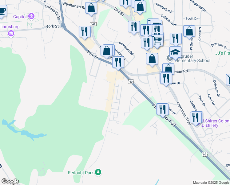 map of restaurants, bars, coffee shops, grocery stores, and more near 239 State Route 637 in Williamsburg
