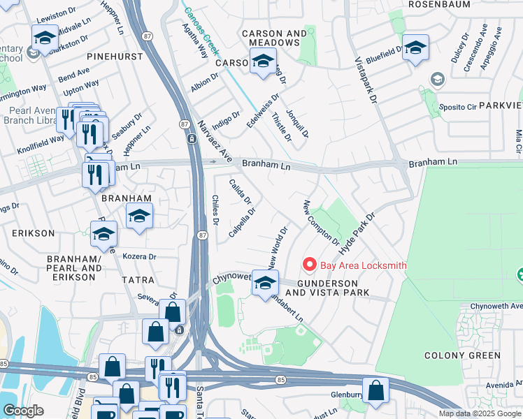 map of restaurants, bars, coffee shops, grocery stores, and more near in San Jose