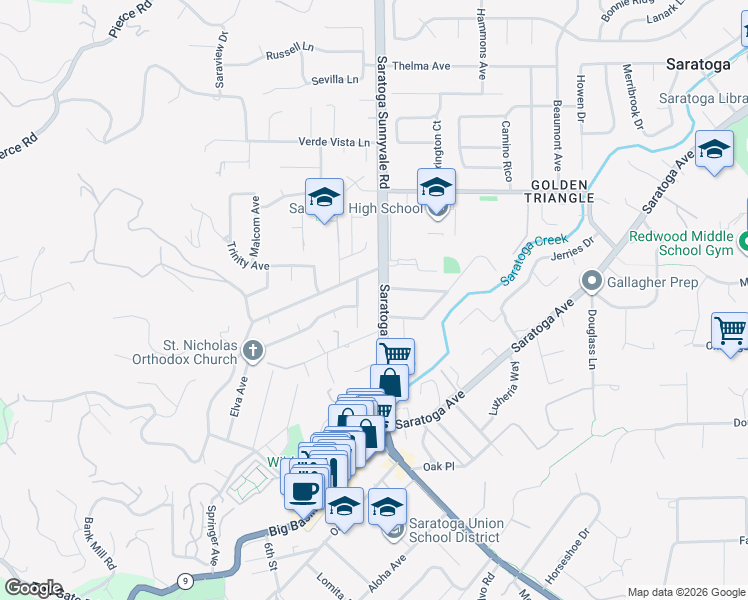 map of restaurants, bars, coffee shops, grocery stores, and more near 14071 Saratoga Sunnyvale Road in Saratoga