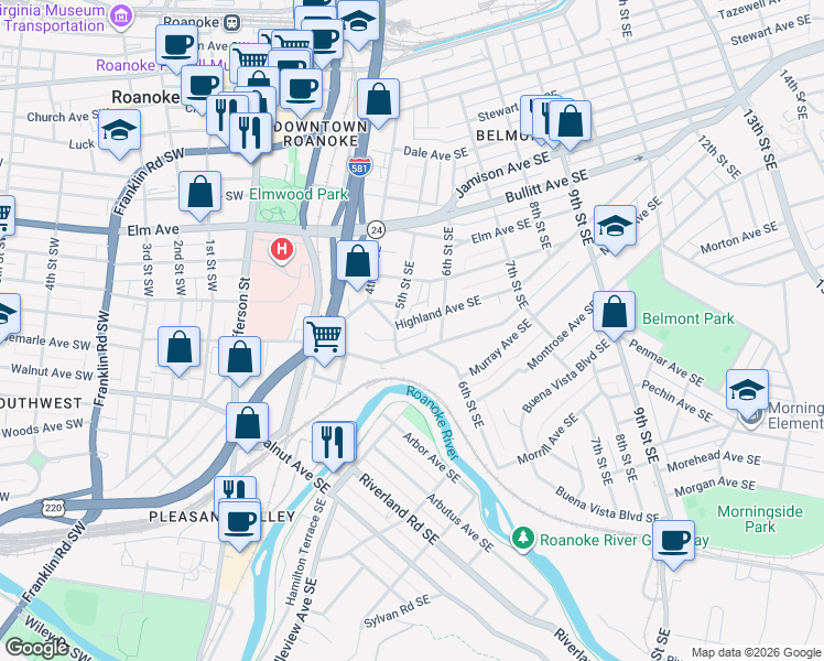 map of restaurants, bars, coffee shops, grocery stores, and more near 502 Albemarle Avenue Southeast in Roanoke