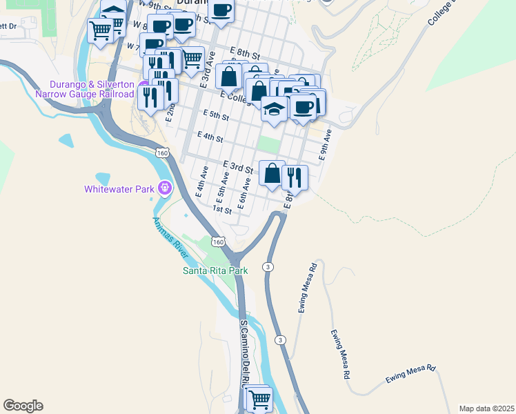 map of restaurants, bars, coffee shops, grocery stores, and more near 702 East 1st Street in Durango