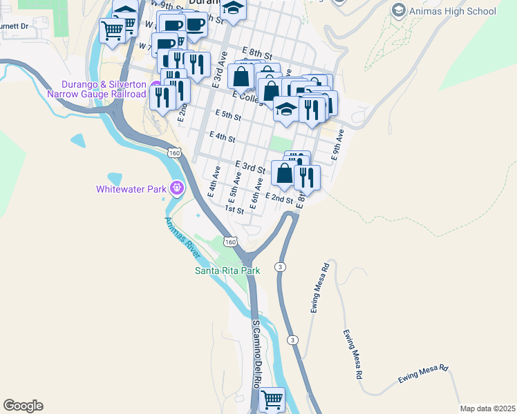 map of restaurants, bars, coffee shops, grocery stores, and more near 702 East 1st Street in Durango