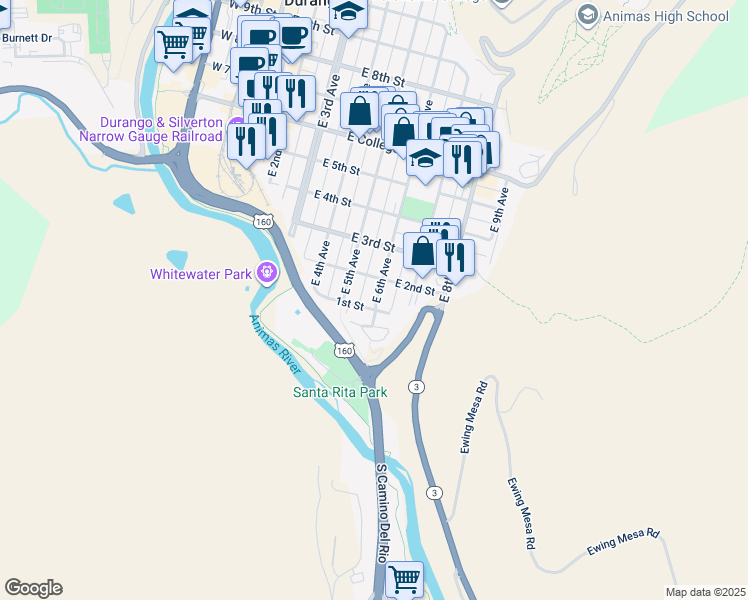 map of restaurants, bars, coffee shops, grocery stores, and more near 566 East 1st Street in Durango