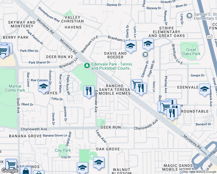 map of restaurants, bars, coffee shops, grocery stores, and more near 270 Saddlebrook Drive in San Jose