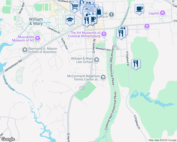 map of restaurants, bars, coffee shops, grocery stores, and more near 106 Mimosa Drive in Williamsburg