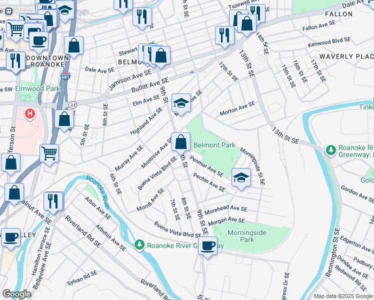 map of restaurants, bars, coffee shops, grocery stores, and more near 1223 9th Street Southeast in Roanoke