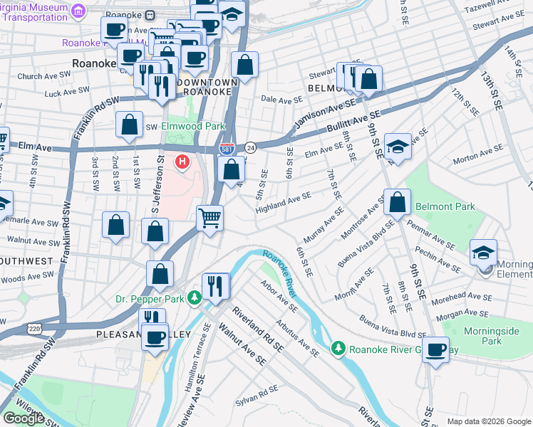 map of restaurants, bars, coffee shops, grocery stores, and more near 502 Albemarle Avenue Southeast in Roanoke