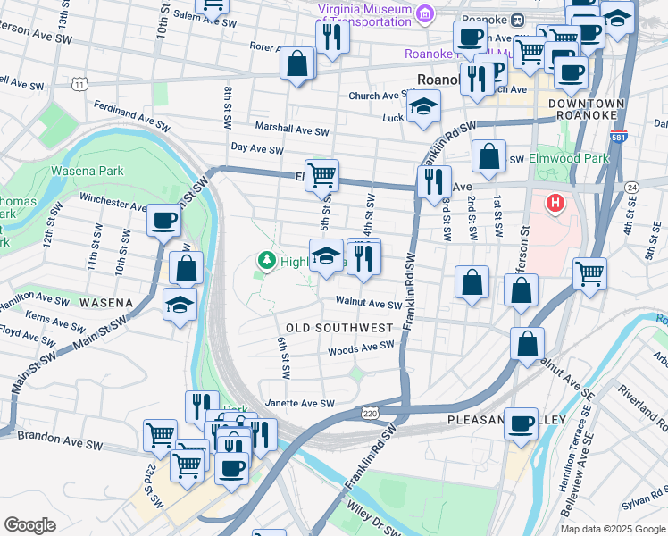 map of restaurants, bars, coffee shops, grocery stores, and more near 420 Albemarle Avenue Southwest in Roanoke