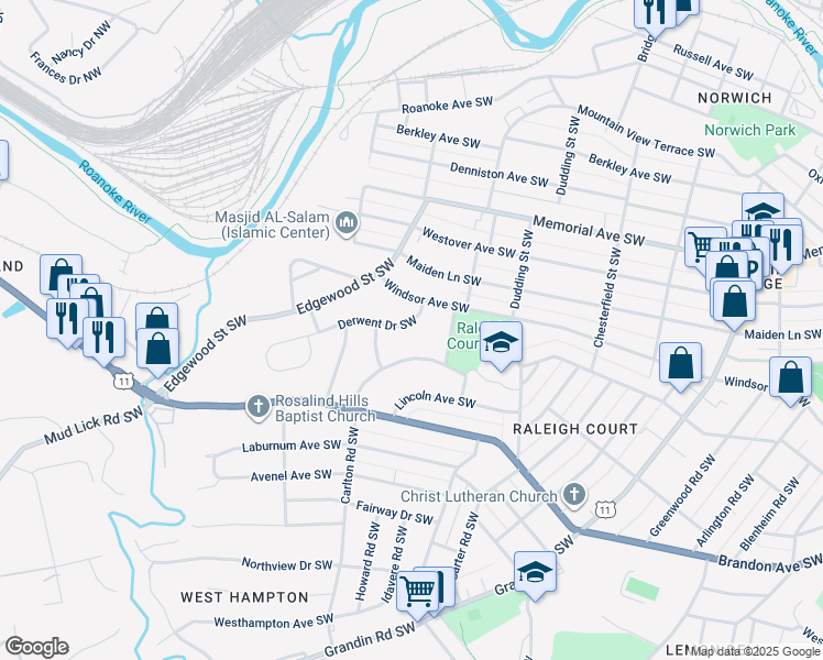 map of restaurants, bars, coffee shops, grocery stores, and more near 2526 Derwent Drive Southwest in Roanoke
