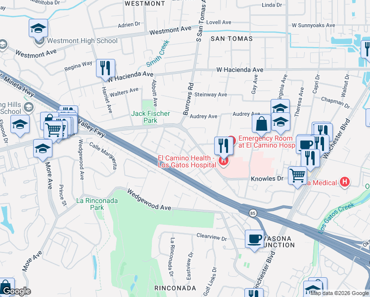 map of restaurants, bars, coffee shops, grocery stores, and more near 927 Castlewood Drive in Los Gatos