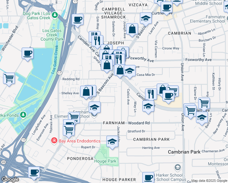 map of restaurants, bars, coffee shops, grocery stores, and more near 3461 Wine Cask Way in San Jose