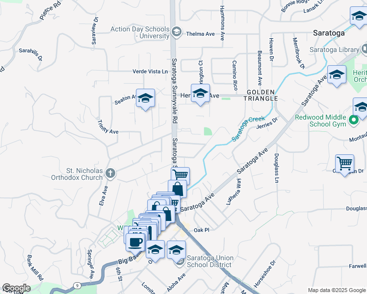 map of restaurants, bars, coffee shops, grocery stores, and more near 20460 Williams Avenue in Saratoga