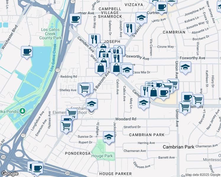 map of restaurants, bars, coffee shops, grocery stores, and more near 3461 Wine Cask Way in San Jose