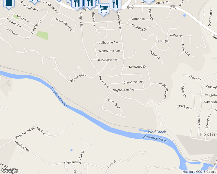 map of restaurants, bars, coffee shops, grocery stores, and more near 1402 Niagara Road in Vinton