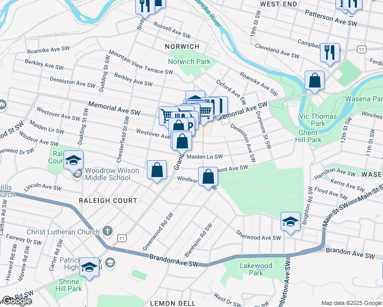 map of restaurants, bars, coffee shops, grocery stores, and more near 1921 Maiden Lane Southwest in Roanoke