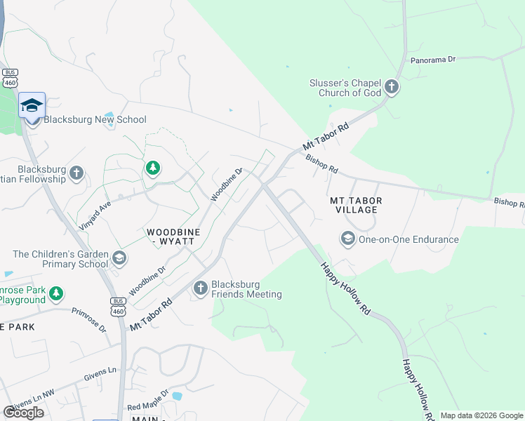 map of restaurants, bars, coffee shops, grocery stores, and more near 1807 Asher Lane in Blacksburg