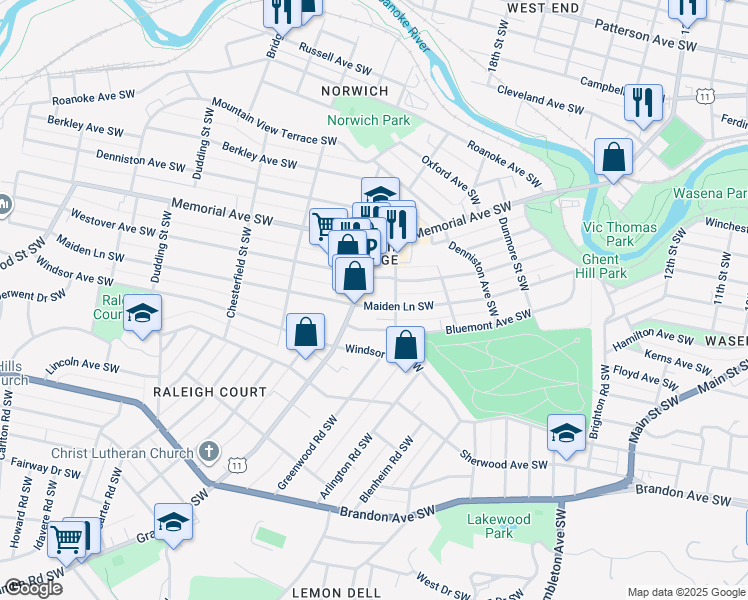 map of restaurants, bars, coffee shops, grocery stores, and more near 1921 Maiden Lane Southwest in Roanoke