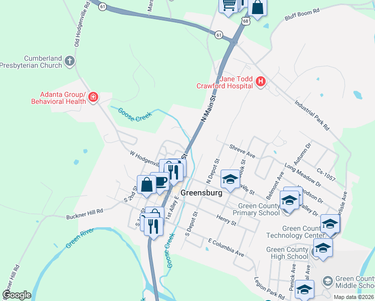 map of restaurants, bars, coffee shops, grocery stores, and more near Cemetery Road in Greensburg
