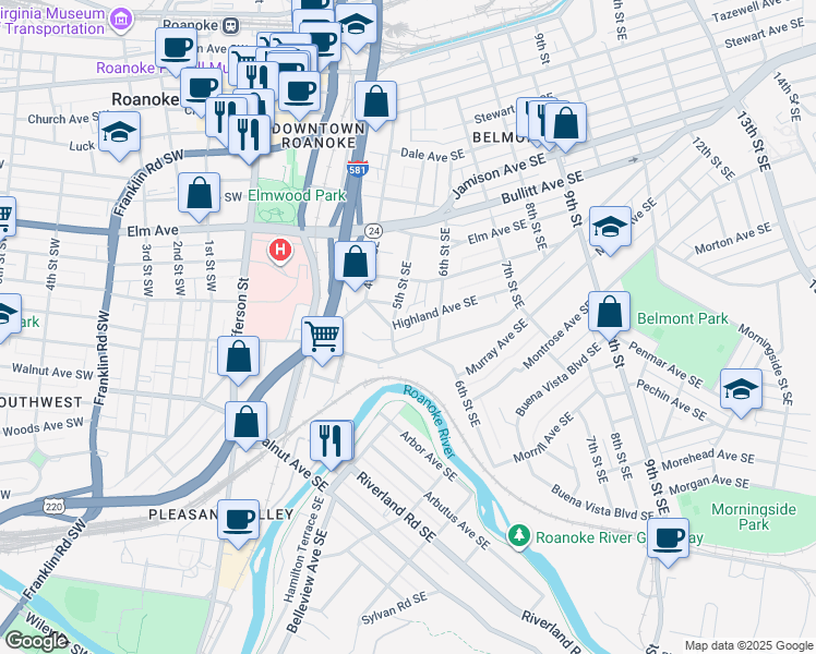 map of restaurants, bars, coffee shops, grocery stores, and more near 914-920 5th Street Southeast in Roanoke