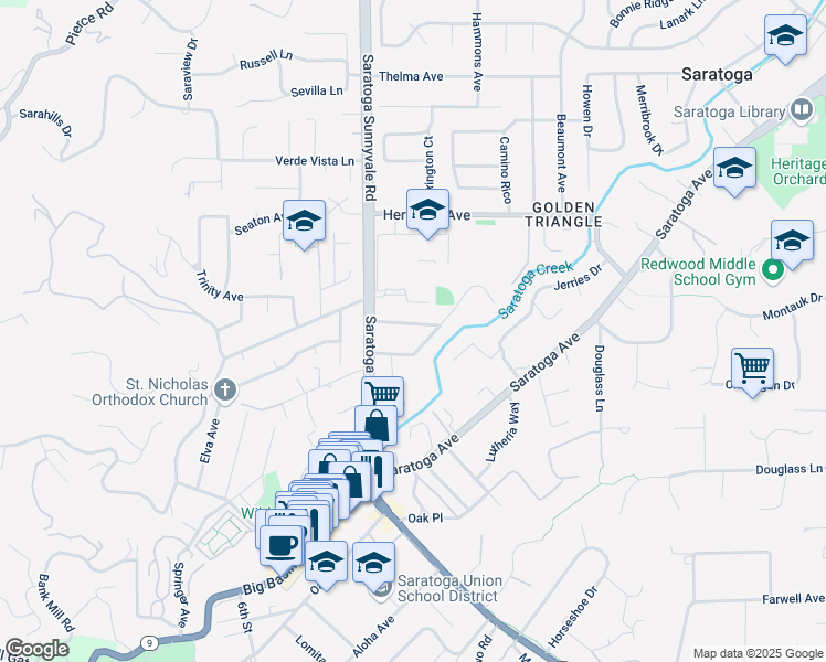 map of restaurants, bars, coffee shops, grocery stores, and more near 20442 Gerald Zappelli Court in Saratoga