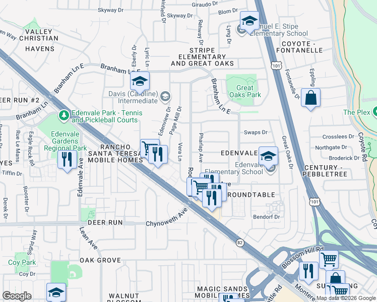 map of restaurants, bars, coffee shops, grocery stores, and more near 5138 Vera Lane in San Jose