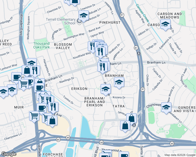 map of restaurants, bars, coffee shops, grocery stores, and more near 4729 La Crescent Loop in San Jose