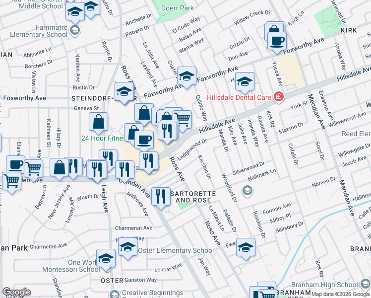 map of restaurants, bars, coffee shops, grocery stores, and more near 1780 Hillsdale Avenue in San Jose