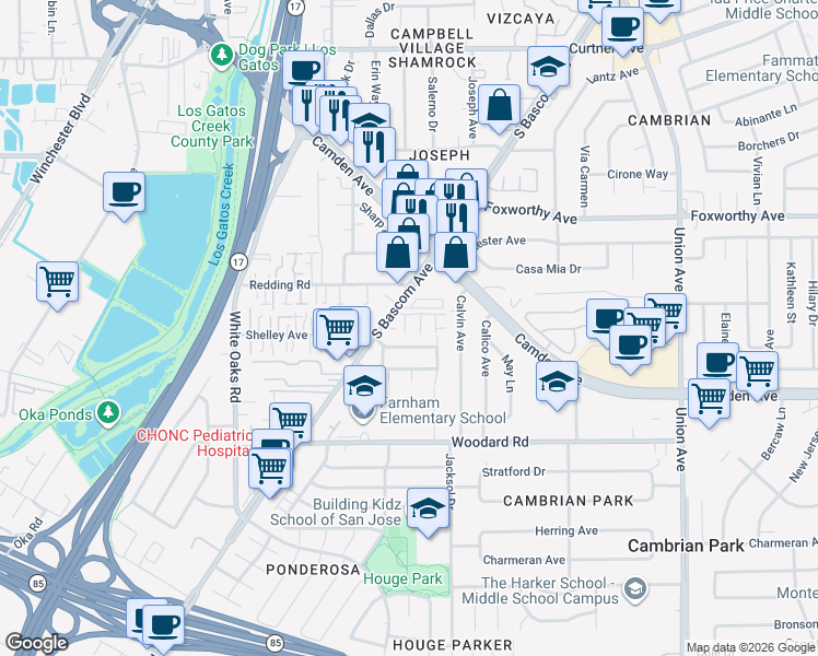 map of restaurants, bars, coffee shops, grocery stores, and more near 3268 South Bascom Avenue in San Jose