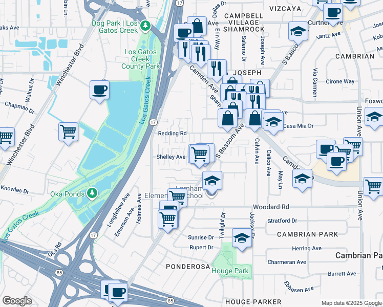 map of restaurants, bars, coffee shops, grocery stores, and more near 196 Redding Road in Campbell
