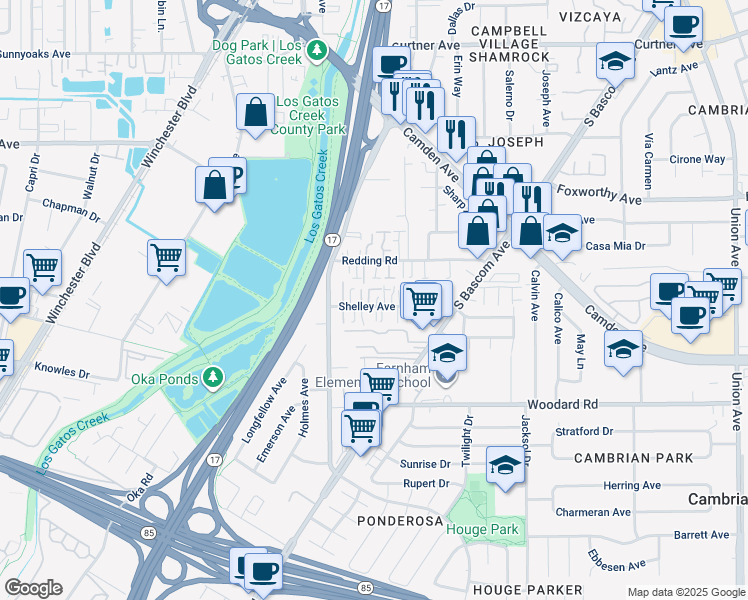 map of restaurants, bars, coffee shops, grocery stores, and more near 112 Redding Road in Campbell