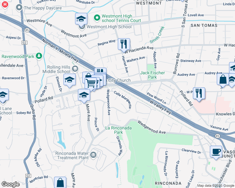 map of restaurants, bars, coffee shops, grocery stores, and more near 162 Wedgewood Avenue in Los Gatos