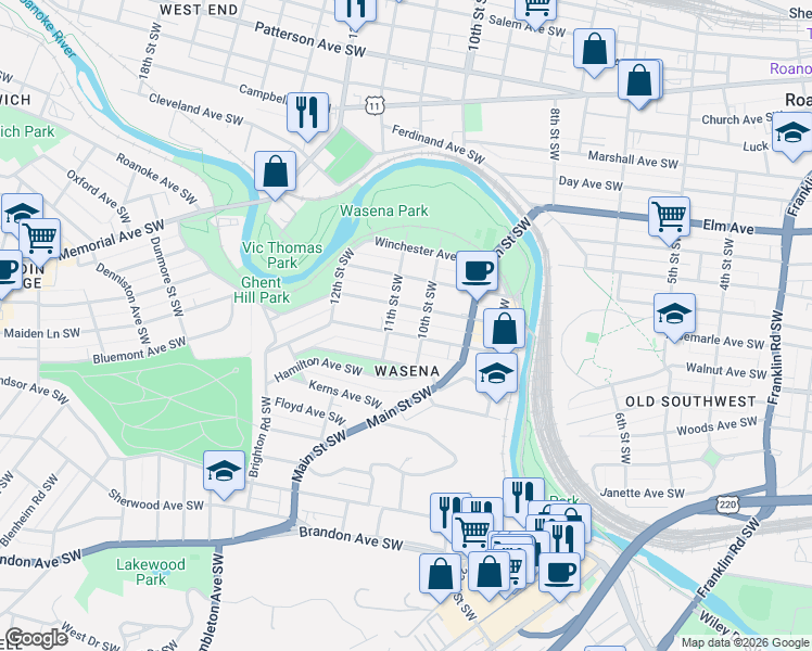 map of restaurants, bars, coffee shops, grocery stores, and more near 1102 Wasena Avenue Southwest in Roanoke