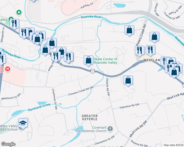 map of restaurants, bars, coffee shops, grocery stores, and more near 4119 Brandon Avenue Southwest in Roanoke