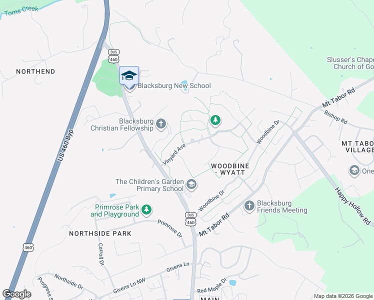 map of restaurants, bars, coffee shops, grocery stores, and more near 203 Vinyard Avenue in Blacksburg
